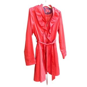ELLE Red Ruffle Cotton Blend Front Zippered Belted Trench Coat Women's Medium